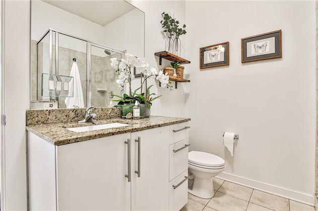 bathroom with toilet, a shower with shower door, tile patterned floors, and vanity