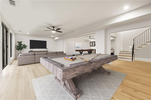 5060 Lake Forrest Dr, Atlanta, GA 30342 - rec room featuring ceiling fan, wood finished floors, billiards, recessed lighting, and baseboards