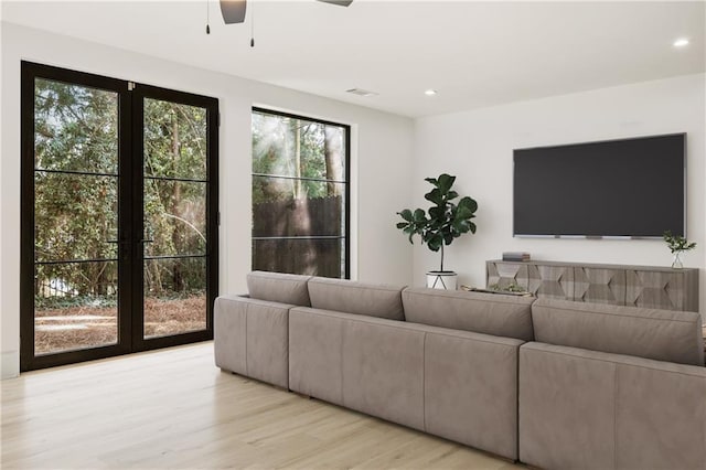 5060 Lake Forrest Dr, Atlanta, GA 30342 - living area featuring a ceiling fan, light wood-style flooring, and recessed lighting