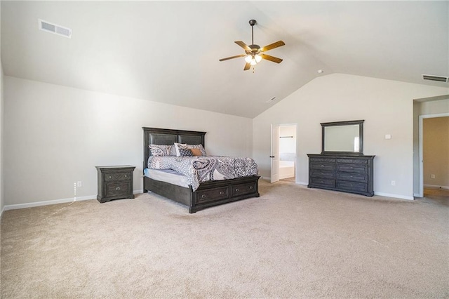 bedroom with vaulted ceiling, carpet floors, and visible vents