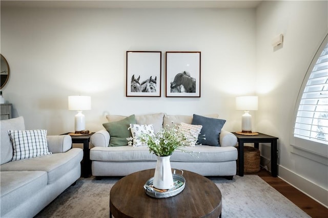 living room with baseboards and wood finished floors