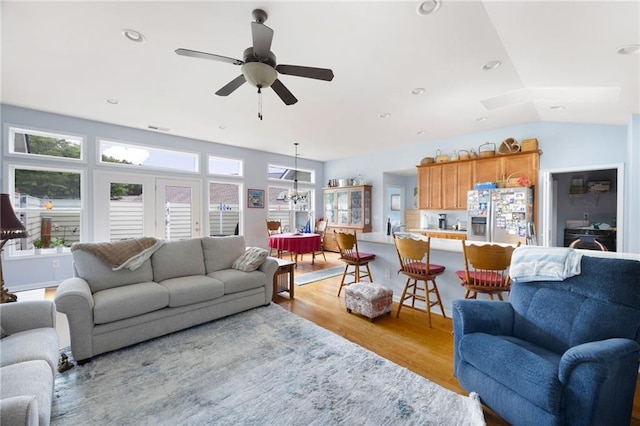 418 Thaxton Ln, Woodstock, GA 30188 - living room with light wood finished floors, a ceiling fan, recessed lighting, and lofted ceiling