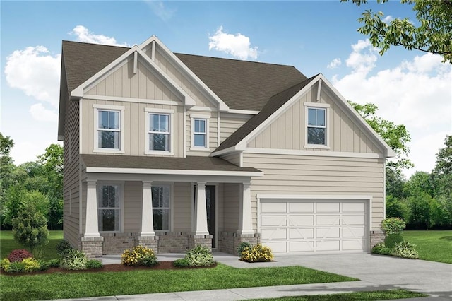 craftsman house featuring roof with shingles, driveway, board and batten siding, and an attached garage