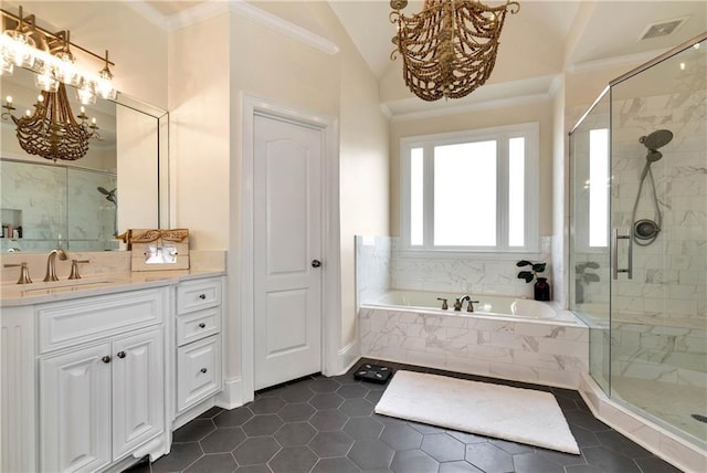 bathroom with crown molding, an inviting chandelier, vanity, plus walk in shower, and vaulted ceiling