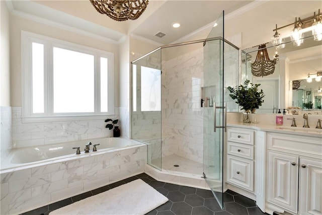 bathroom with crown molding, vanity, a notable chandelier, and plus walk in shower