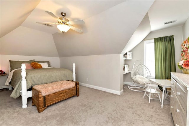 carpeted bedroom featuring lofted ceiling and ceiling fan