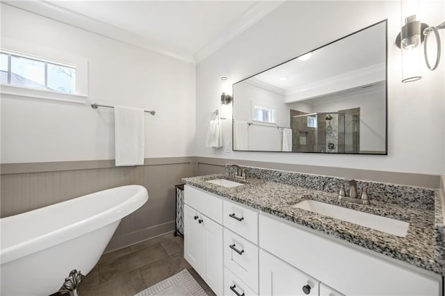 full bath featuring a healthy amount of sunlight, wainscoting, a sink, and a shower stall