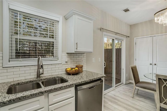 kitchen with a sink, visible vents, white cabinets, and stainless steel dishwasher