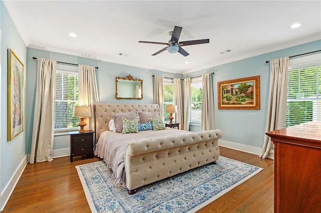 259 Sisson Ave, Atlanta, GA 30317 - bedroom with multiple windows, crown molding, dark wood-style flooring, recessed lighting, and ceiling fan