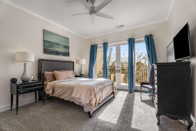 bedroom with french doors, ornamental molding, carpet, and access to outside