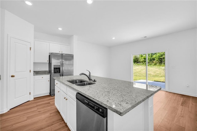 kitchen featuring a sink, light wood finished floors, white cabinetry, and stainless steel appliances