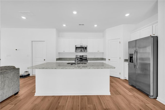 kitchen featuring stainless steel appliances, visible vents, white cabinetry, and an island with sink