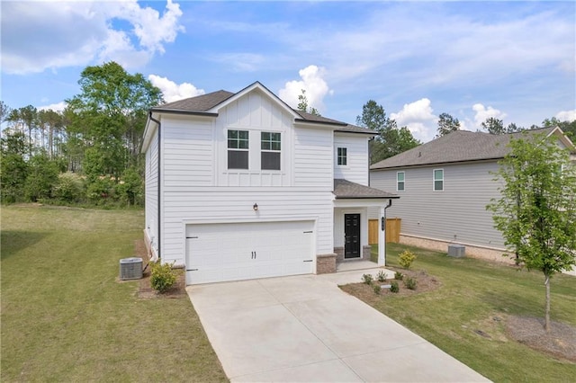 view of front of home with board and batten siding, driveway, cooling unit, a front lawn, and an attached garage