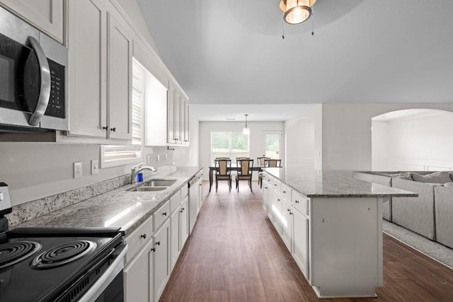 kitchen with dark wood-style floors, a center island, appliances with stainless steel finishes, and a sink