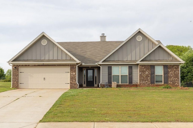 craftsman house featuring brick siding, an attached garage, board and batten siding, and a front yard