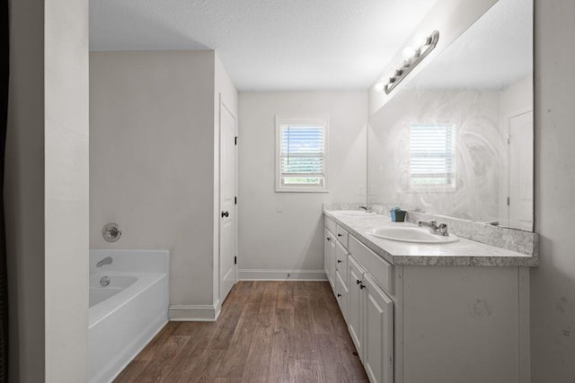 bathroom with double vanity, a bath, wood finished floors, and a sink