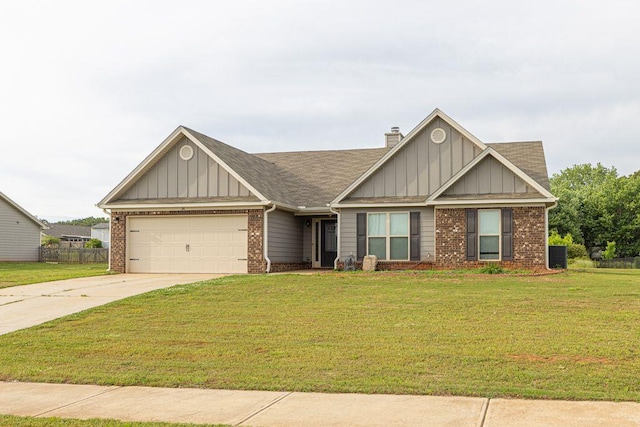 craftsman-style home with a front lawn, brick siding, board and batten siding, an attached garage, and driveway