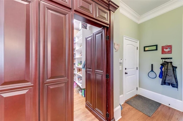 interior space with light wood-type flooring and crown molding