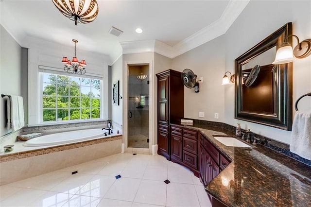 bathroom featuring crown molding, tile patterned flooring, shower with separate bathtub, vanity, and an inviting chandelier