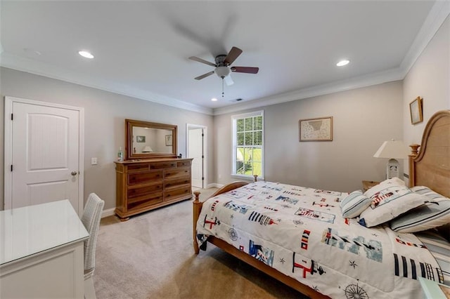 bedroom with ceiling fan, crown molding, and light carpet