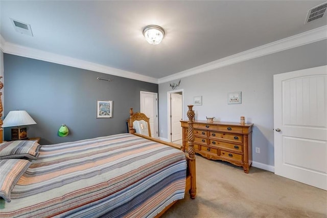 bedroom featuring crown molding and light carpet