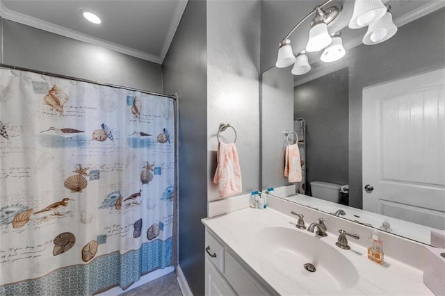 bathroom with toilet, vanity, crown molding, and a shower with curtain