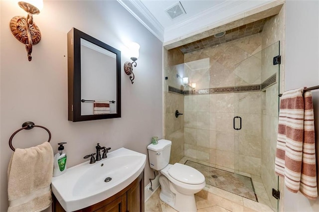 bathroom featuring crown molding, tile patterned floors, toilet, a shower with shower door, and vanity