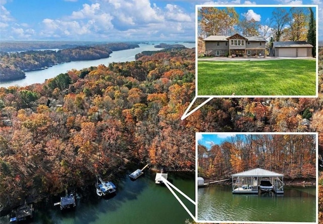 aerial view featuring a water view and a wooded view