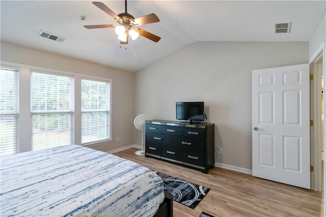 113 Regent Pl, Woodstock, GA 30188 - bedroom with light wood finished floors, baseboards, lofted ceiling, and ceiling fan