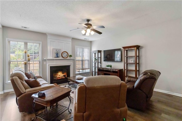 113 Regent Pl, Woodstock, GA 30188 - living area with a ceiling fan, wood finished floors, a lit fireplace, baseboards, and a textured ceiling