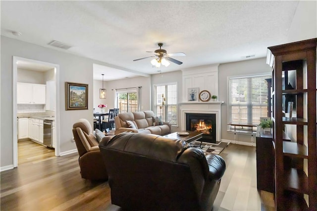 113 Regent Pl, Woodstock, GA 30188 - living area with wood finished floors, a ceiling fan, a glass covered fireplace, and baseboards