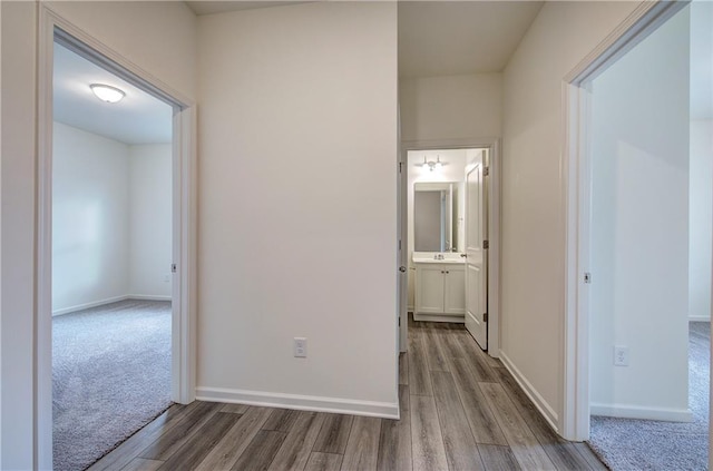 hallway with sink and wood-type flooring