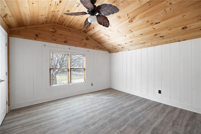 bonus room with vaulted ceiling, wood ceiling, wood finished floors, and ceiling fan