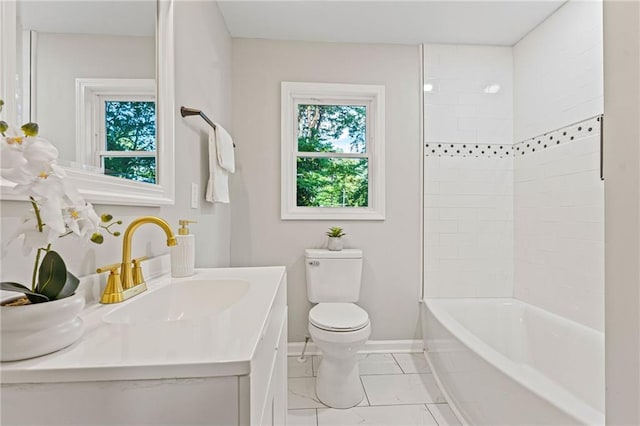 full bathroom featuring shower / bathtub combination, toilet, vanity, baseboards, and tile patterned floors