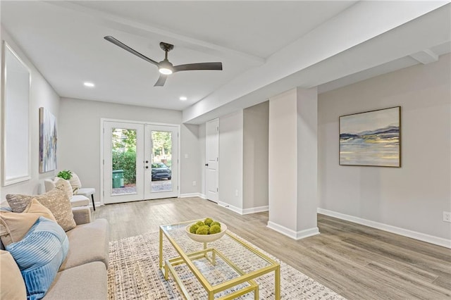 living room with baseboards, ceiling fan, wood finished floors, french doors, and recessed lighting