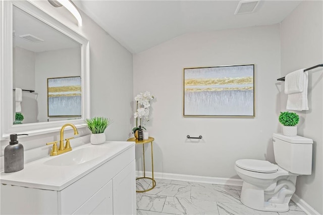 half bathroom with toilet, marble finish floor, baseboards, and visible vents