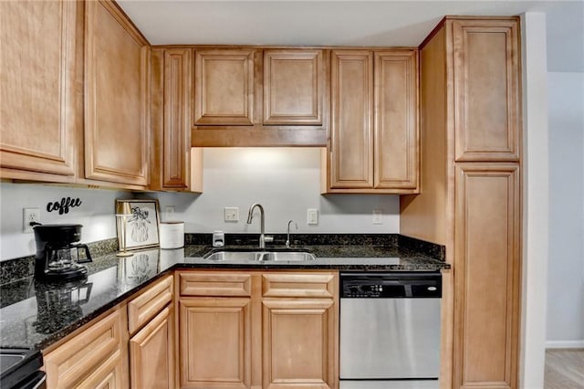 kitchen with dark stone counters, dishwasher, and sink