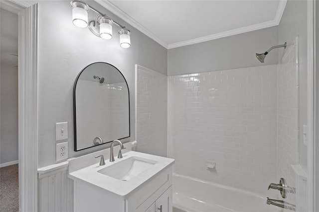 bathroom featuring vanity, shower / bathtub combination, and crown molding