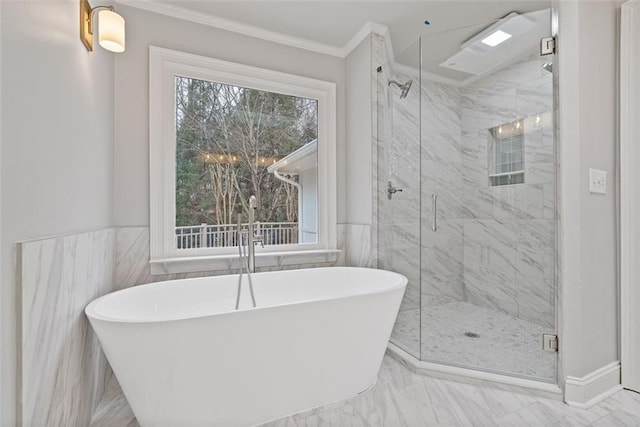 bathroom featuring independent shower and bath, tile walls, and ornamental molding