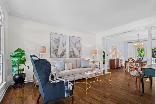 605 Linkside Holw, Alpharetta, GA 30005 - living room featuring crown molding, a chandelier, and wood finished floors