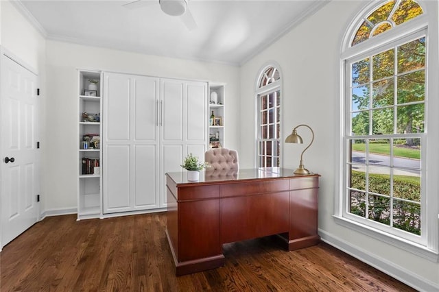 605 Linkside Holw, Alpharetta, GA 30005 - office with ceiling fan, dark wood finished floors, and crown molding