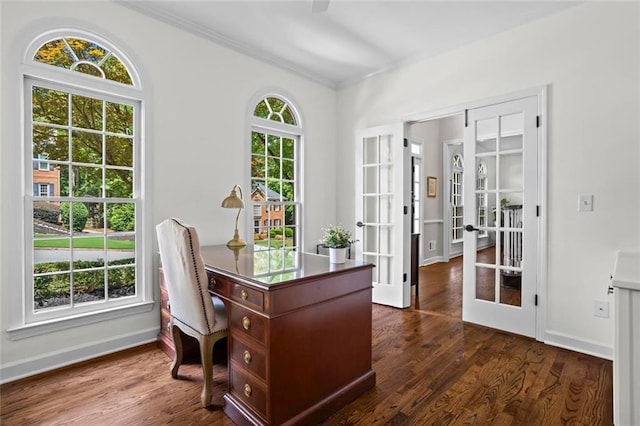 605 Linkside Holw, Alpharetta, GA 30005 - office with french doors, dark wood-style floors, and crown molding