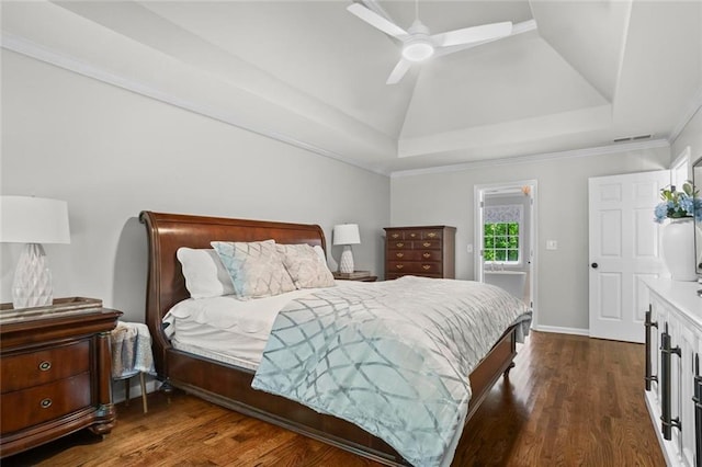 605 Linkside Holw, Alpharetta, GA 30005 - bedroom with dark wood finished floors, a tray ceiling, and a ceiling fan