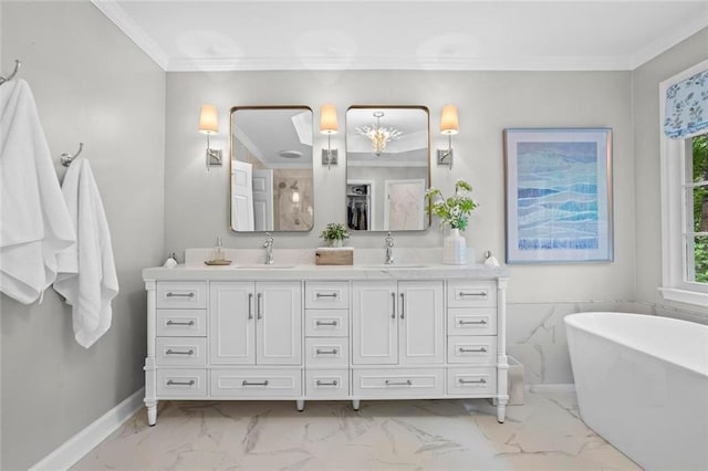 605 Linkside Holw, Alpharetta, GA 30005 - full bathroom with marble look tiles, double vanity, a freestanding bath, and ornamental molding