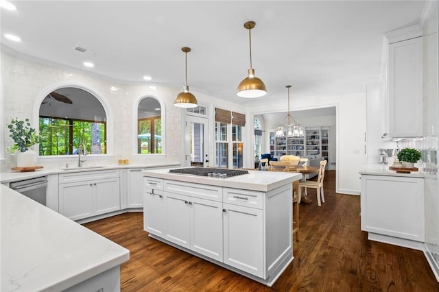 605 Linkside Holw, Alpharetta, GA 30005 - kitchen featuring stainless steel dishwasher, a center island, white cabinets, recessed lighting, and dark wood-style floors