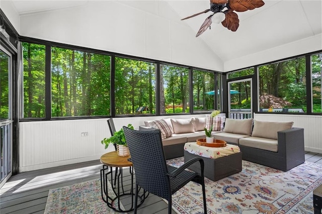 605 Linkside Holw, Alpharetta, GA 30005 - sunroom featuring vaulted ceiling, a ceiling fan, and outdoor lounge area