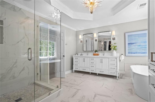 605 Linkside Holw, Alpharetta, GA 30005 - full bath featuring double vanity, a soaking tub, a marble finish shower, marble finish floors, and crown molding
