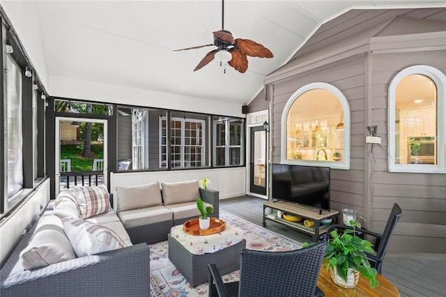 605 Linkside Holw, Alpharetta, GA 30005 - sunroom with lofted ceiling, ceiling fan, and an outdoor living space