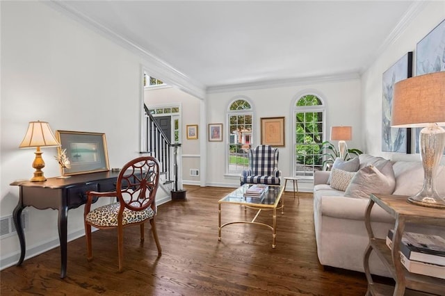 605 Linkside Holw, Alpharetta, GA 30005 - living room with ornamental molding, stairway, and dark wood-style flooring