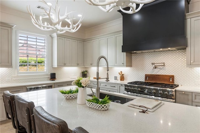132 Grand Cres, Alpharetta, GA 30009 - kitchen with a chandelier, extractor fan, double oven range, tasteful backsplash, and ornamental molding